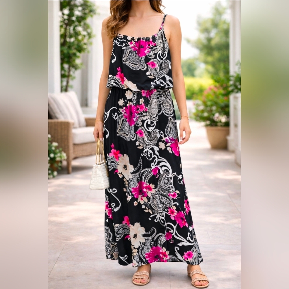 White House Black Market Black and Pink Floral Maxi Dress